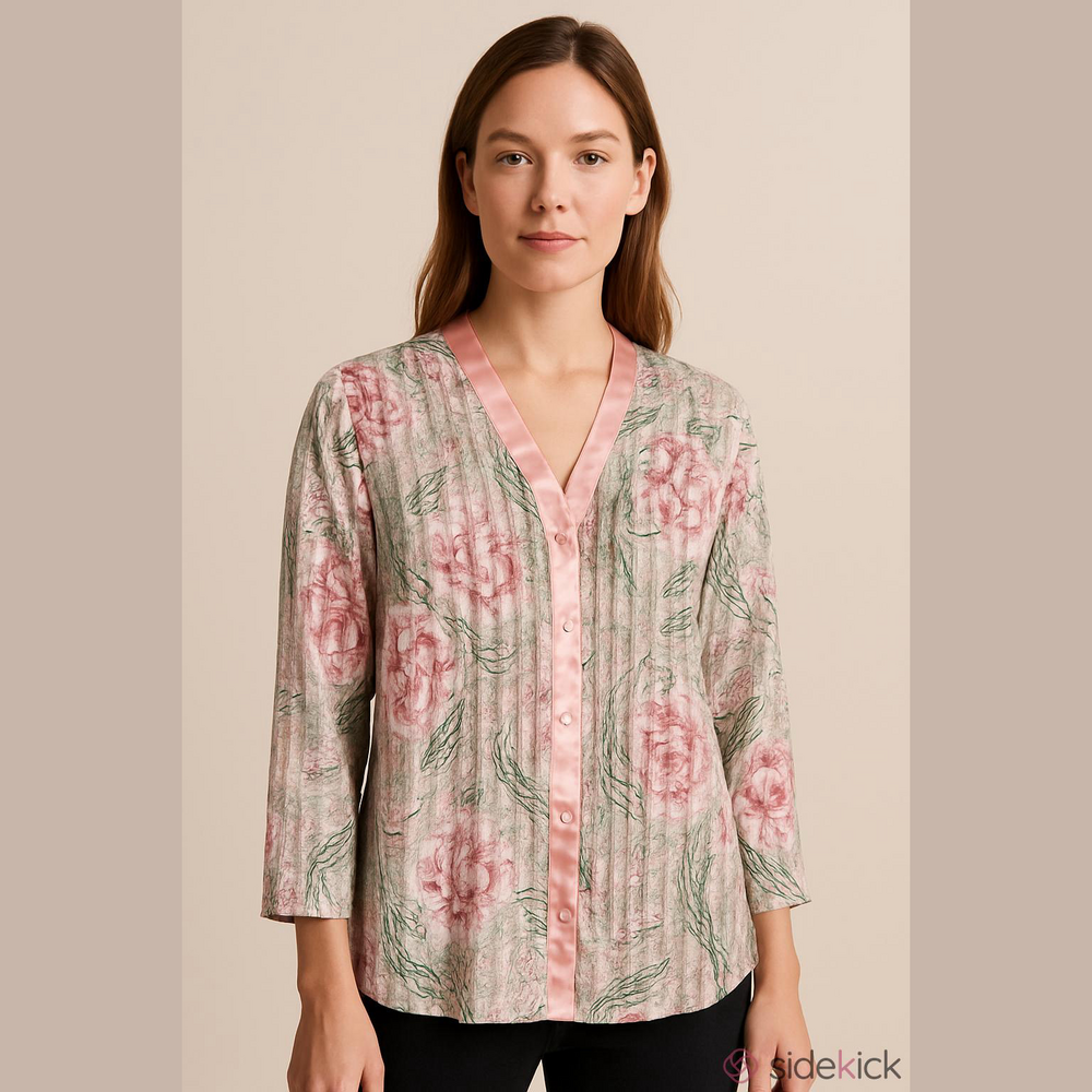 Vintage Victoria Secret gold label satin floral metallic semi sheer shirt Medium
